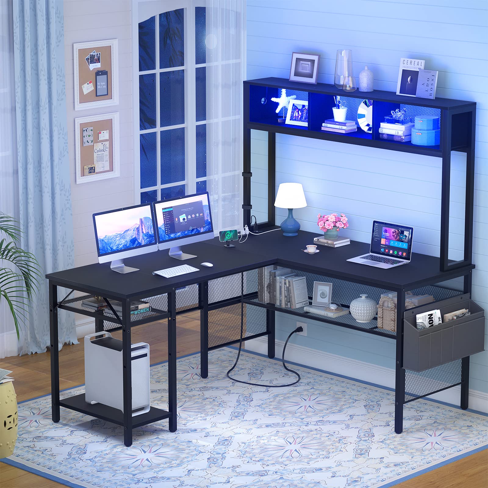 Unikito L-Shaped Computer Desk with RGB LED Lights, USB Ports, and Adjustable Storage Shelves - Black - WoodArtSupply