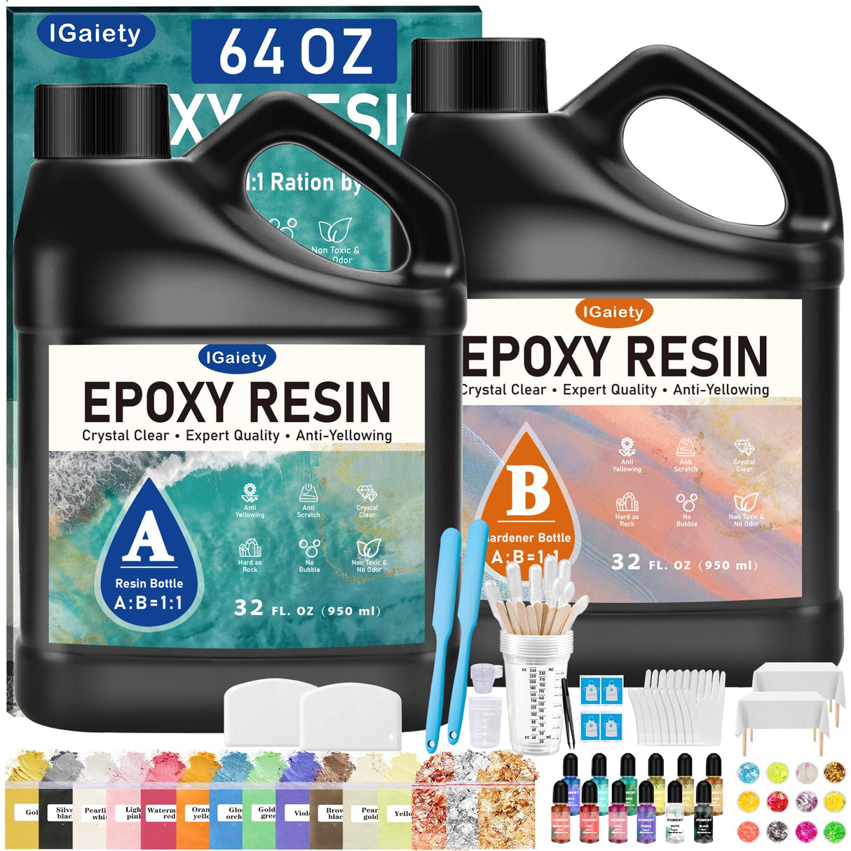 IGaiety Epoxy Resin, 64 OZ Epoxy Resin Kit, Fast Curing Clear Resin Epoxy Casting and Coating Epoxy Kit No Yellowing Resin High Gloss Craft Resin for Wood Table Top, DIY Art Crafts (32 OZ+32 OZ) IGaiety