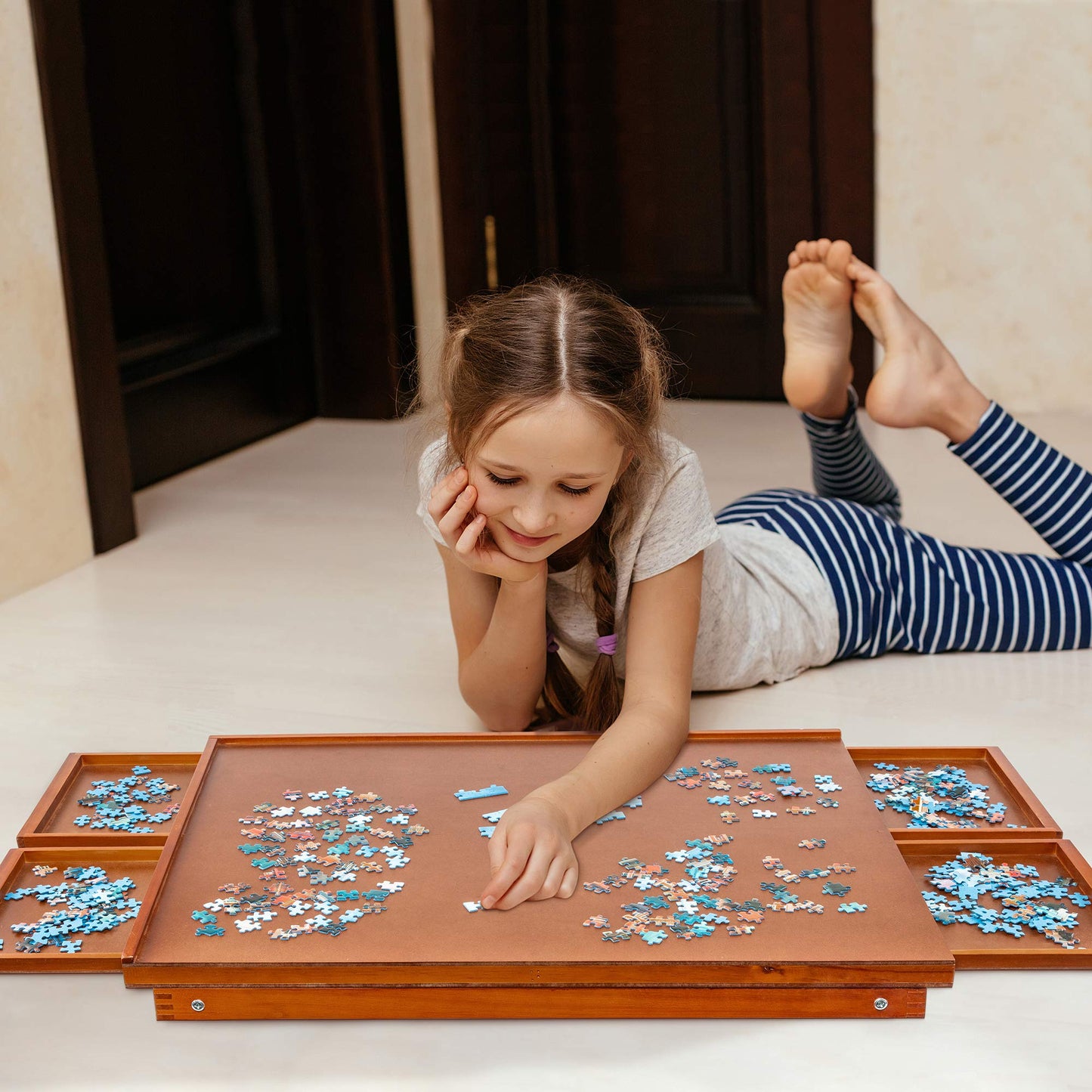 Jumbl 1000-Piece Puzzle Board Rack w/Legs | 23” x 31” Jigsaw Puzzle Table | 4 Removable Magnetic Sorting Drawers | Smooth Plateau Fiberboard Work Surface & Hardwood Construction | for Games & - WoodArtSupply