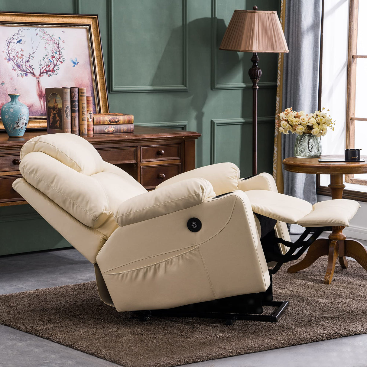 MCombo Power Lift Recliner Chair for Elderly, Lift Chair with Heat and Massage, FSC Certified, USB Ports, Cup Holders, Faux Leather 7040 (Cream White, Medium) MCombo