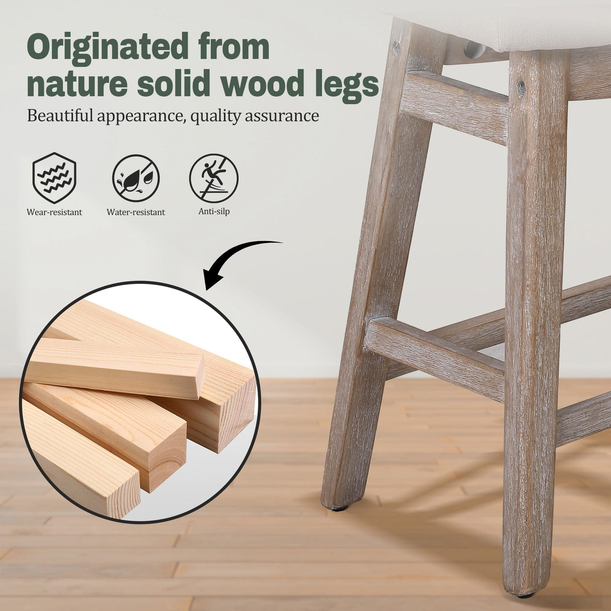 RNKSFX Counter Height Bar Stools Set of 3 for Kitchen Counter Farmhouse Modern Barstools with Upholstered Fabric Backless Seat and Solid Wood Legs 24 inch Bar Chairs, Khaki + Wood Color RNKSFX