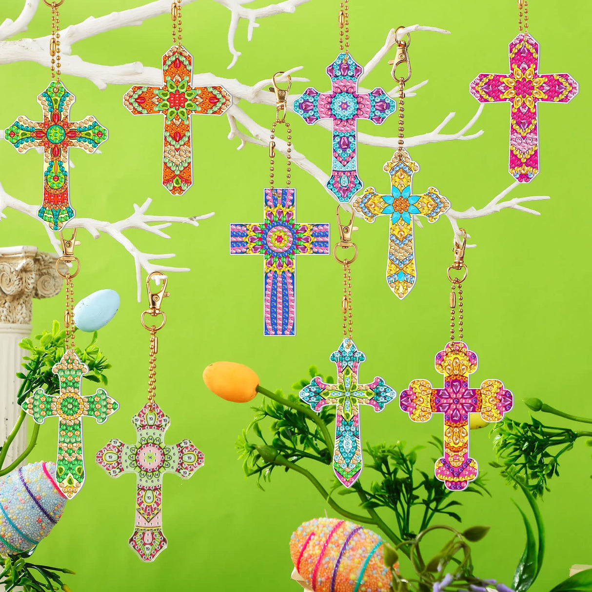 Glenmal 12 Pcs Easter Diamond Painting Keychains Cross Diamond Art Keychains Kits for Adults Religious Crosses Ornaments 5D Key Chain Christian Rhinestones Bookmarks Key Rings for DIY Crafts Gifts Glenmal
