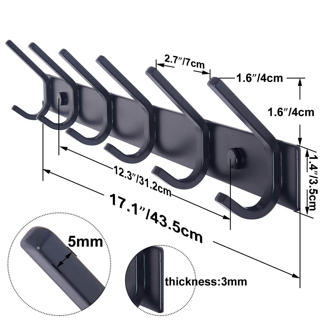 WEBI Coat Rack Wall Mounted,17-1/8 Inch Coat Hooks for Hanging Coats,Heavy Duty Metal Hook Rack Rail with 6 Double Dual Hooks Coat Hanger Wall Mount for Clothes Jacket,Black,2 Packs WEBI