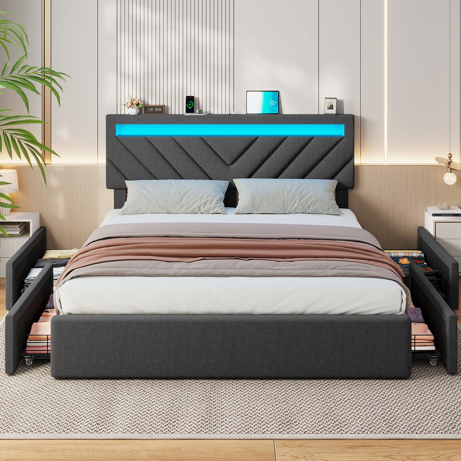 Modern Dark Grey LED Platform Bed Frame with 4 Storage Drawers and USB Charging Stations - WoodArtSupply