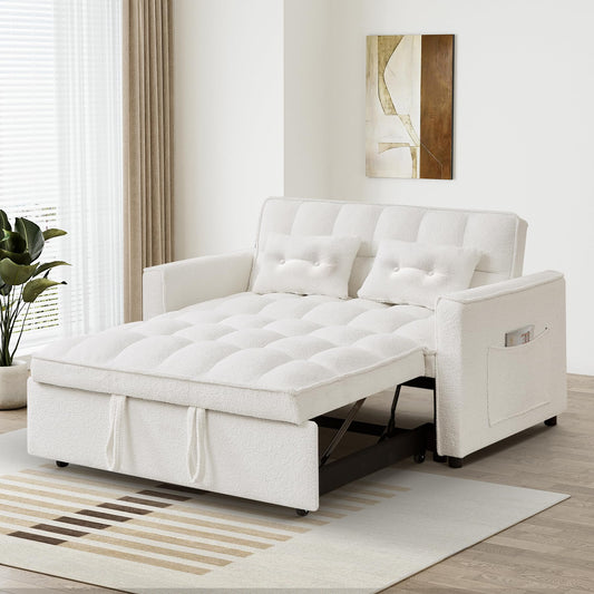 Wrofly 3 in 1 Convertible Sleeper Sofa Couch with Pullout Bed, Loveseat Sofa with Storage and Pillows, Modern 2 Seater Futon Couch Bed for Living Room, Bedroom and Small Space, White Teddy