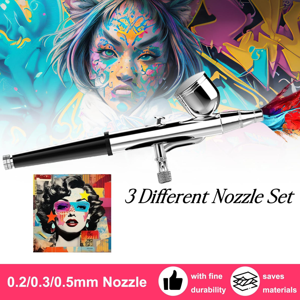 MADETEC Professional Nail Art Airbrush Kit with Compressor - 3 Adjustable PSI (25/35/48), Stable Pressure, 0.2/0.3/0.5mm Nozzles, Non-Clogging for Nail Art, Painting, Model, Cake ect Black MADETEC