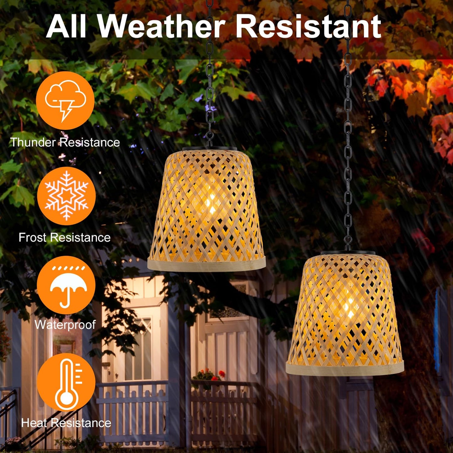 Livinlarge 2-Pack Bamboo Woven Outdoor Chandelier Small Hanging Rattan Solar Pendant Lights Modern Retro Boho Pendant for Gazebo Yard Porch Patio Garden Backyard Decor - WoodArtSupply