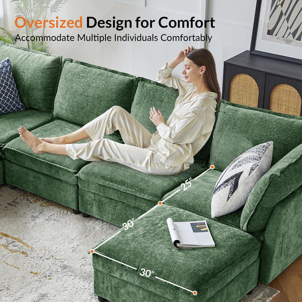 HULALA HOME 127'' Modular Sectional Sofa, Oversized U Shaped Couch with Storage Ottoman, Comfy Chenille Sofa with Deep Seat, 6 Seat Convertible Couches for Living Room, Green HULALA HOME