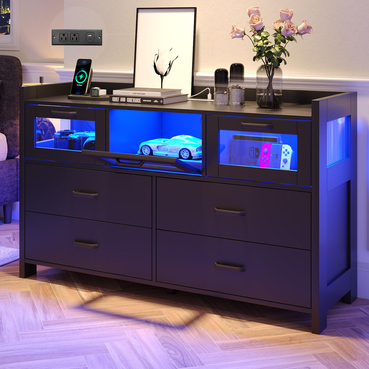 Alohappy 7 Drawers Dresser for Bedroom, Black Dresser with LED Lights and Charging Station, Wood Modern Dressers Chest of Drawers with 3 Visual Drawers, Storage Dressers Organizer for Bedroom, Hallway Alohappy