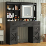 HAUOMS Vanity Desk with Sliding Mirror & LED Lights, Glass Top Farmhouse Makeup Vanity Table with Power Outlet, Rustic Dressing Table, Wood-Grain Black HAUOMS