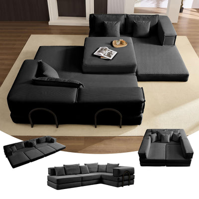 Boneless Sectional Couches for Living Room Furniture, 6-in-1 Convertible Oversized Sofa Bed, L Shaped Cloud Sectional Couch, Corduroy Upholstered Deep Seat Sofa, No Assembly (Black)