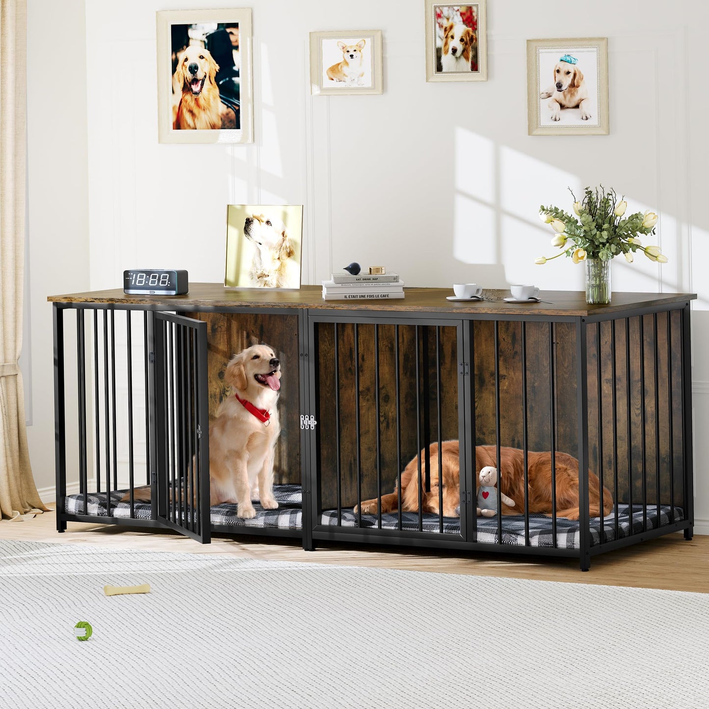 YITAHOME Double Dog Crate Furniture, 80.2 inch Large Breed Dog Kennel with Divider, Heavy Duty Dog House TV Stand Indoor for 2 Medium Dogs, Brown