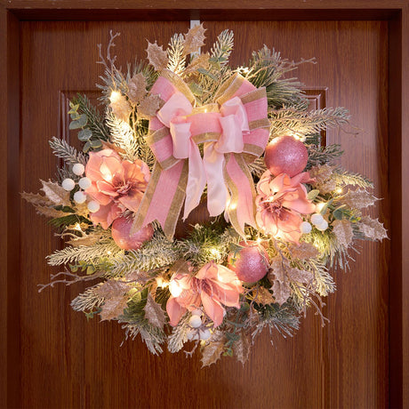 22inch Christmas Pink Wreath for Front Door with 30 LED Lights,Elegant Magnolia Christmas Door Wreath,Festive Holiday Decor, Frosted Winter Pink Decorations for Wedding Vofuly
