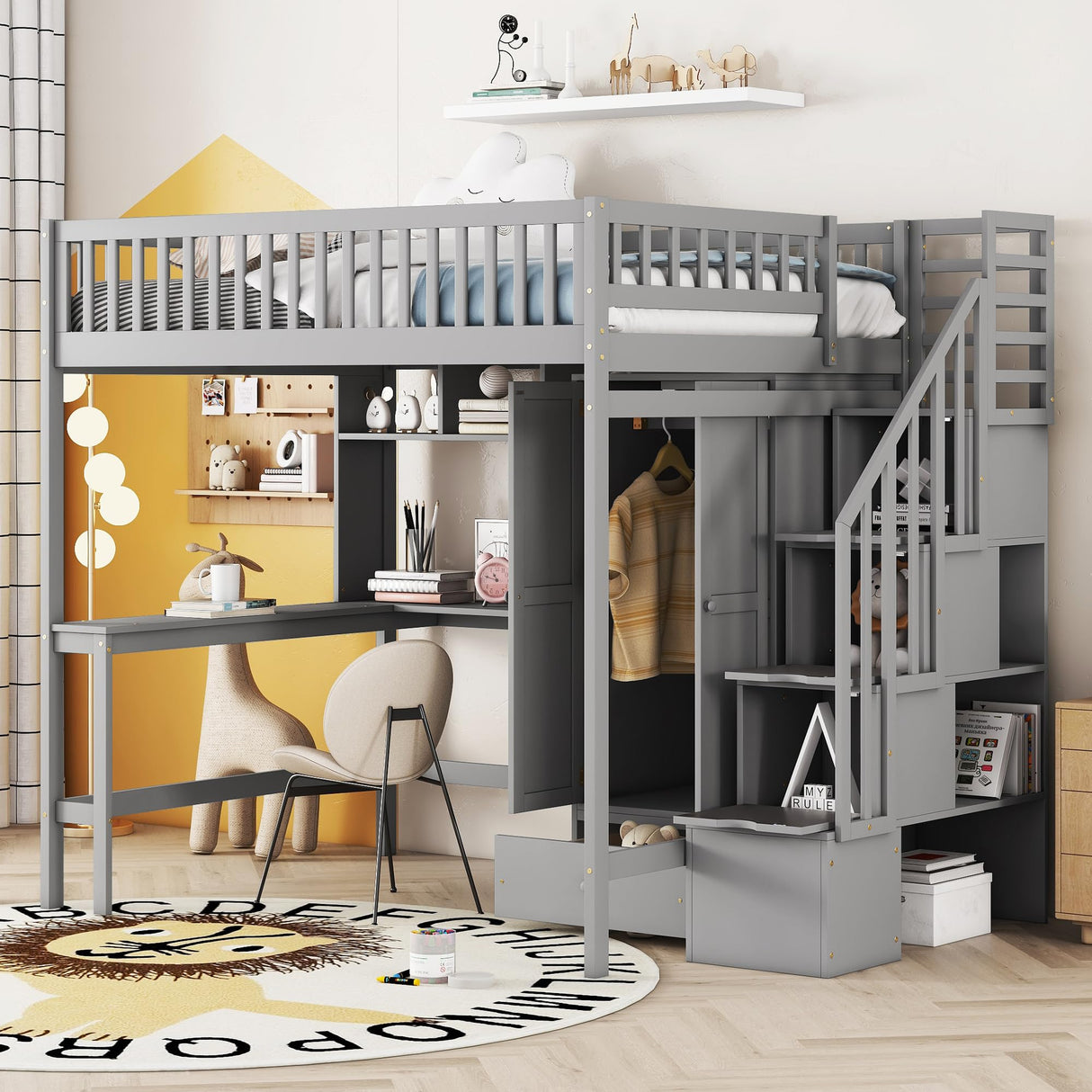 Full Loft Beds Stairway Loft Bed Frame with Wardrobe, Desk, Bookcase and Drawers, Gray Merax