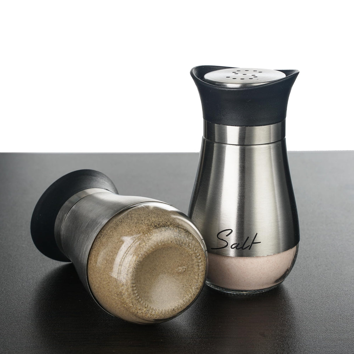 Salt and Pepper Shakers Set, Glass Bottom Salt Pepper Shaker with Stainless Steel Lid for Kitchen Gadgets Cooking Table, Camp,BBQ Spice Shaker Containers, BBQ Seasoning Jars (Silvery) Yeahey