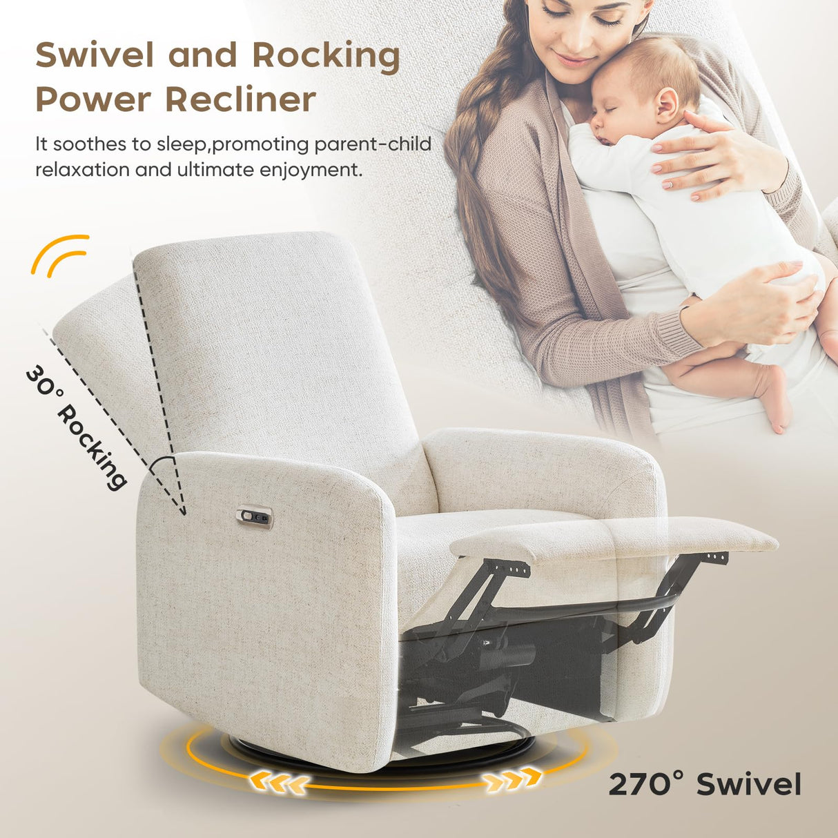 SENYUN Power Recliner Chair, Swivel Rocker Recliner w/USB & Type-C Charging Ports, Chenille Upholstered Swivel Rocker Glider Recliner for Nursery,Living Room, Bedroom, 1PC, Cream SENYUN