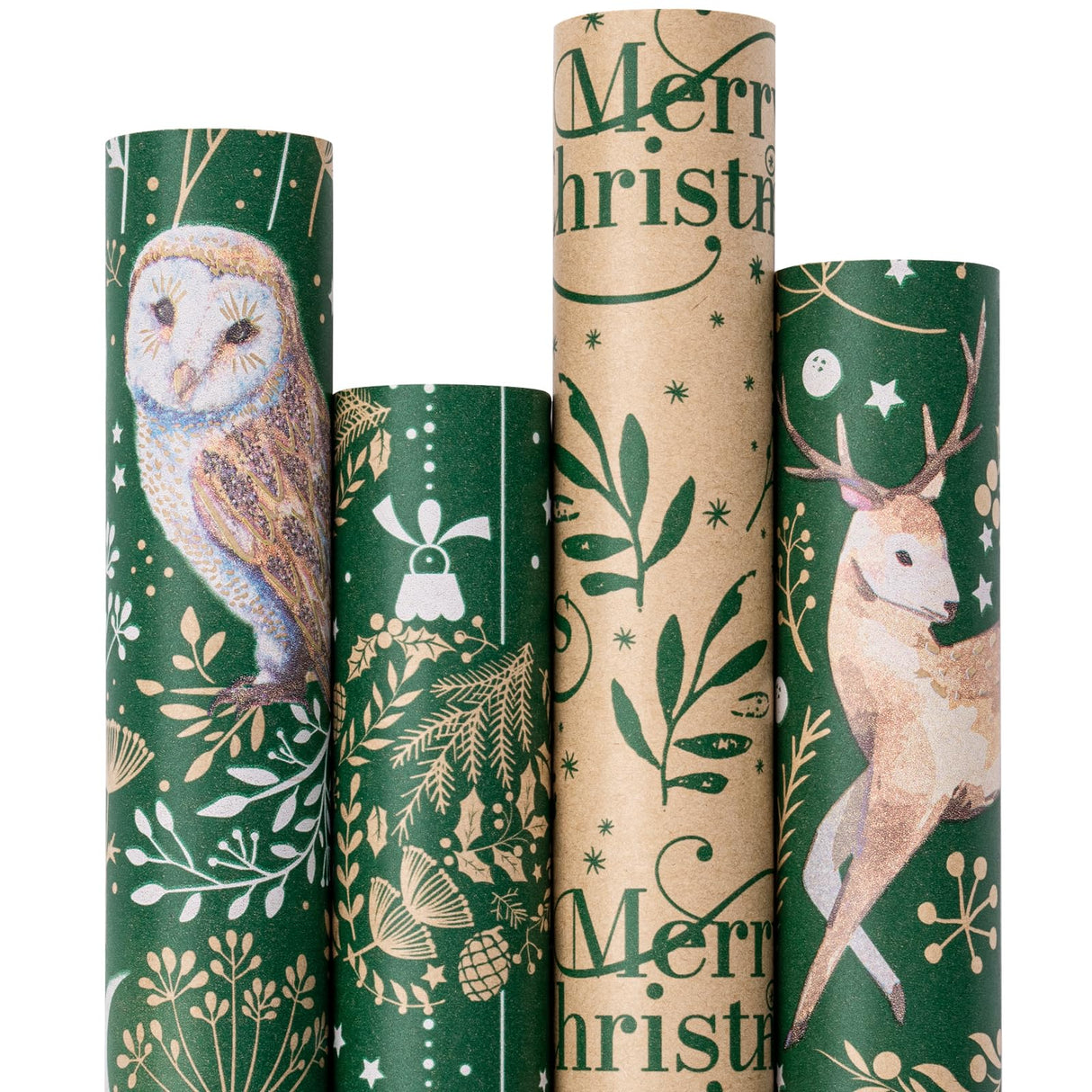 RUSPEPA Christmas Kraft Wrapping Paper - Owl, Reindeer, Christmas Ball and Text Design - 4 Rolls - 30 inches x 10 feet per Roll RUSPEPA