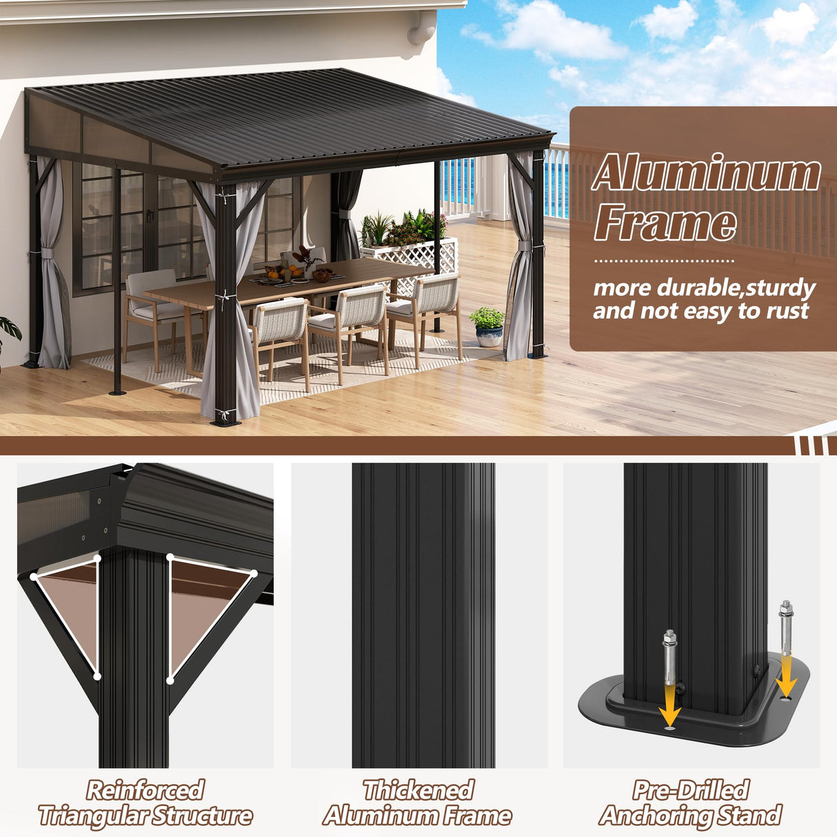 10' x 12' Hardtop Wall Mounted Gazebo, Lean to Gazebo with Galvanized Steel Roof Aluminum Frame Wall Gazebos Pergola with Netting&Curtains for Outdoor, Backyard, Patio Raysfung