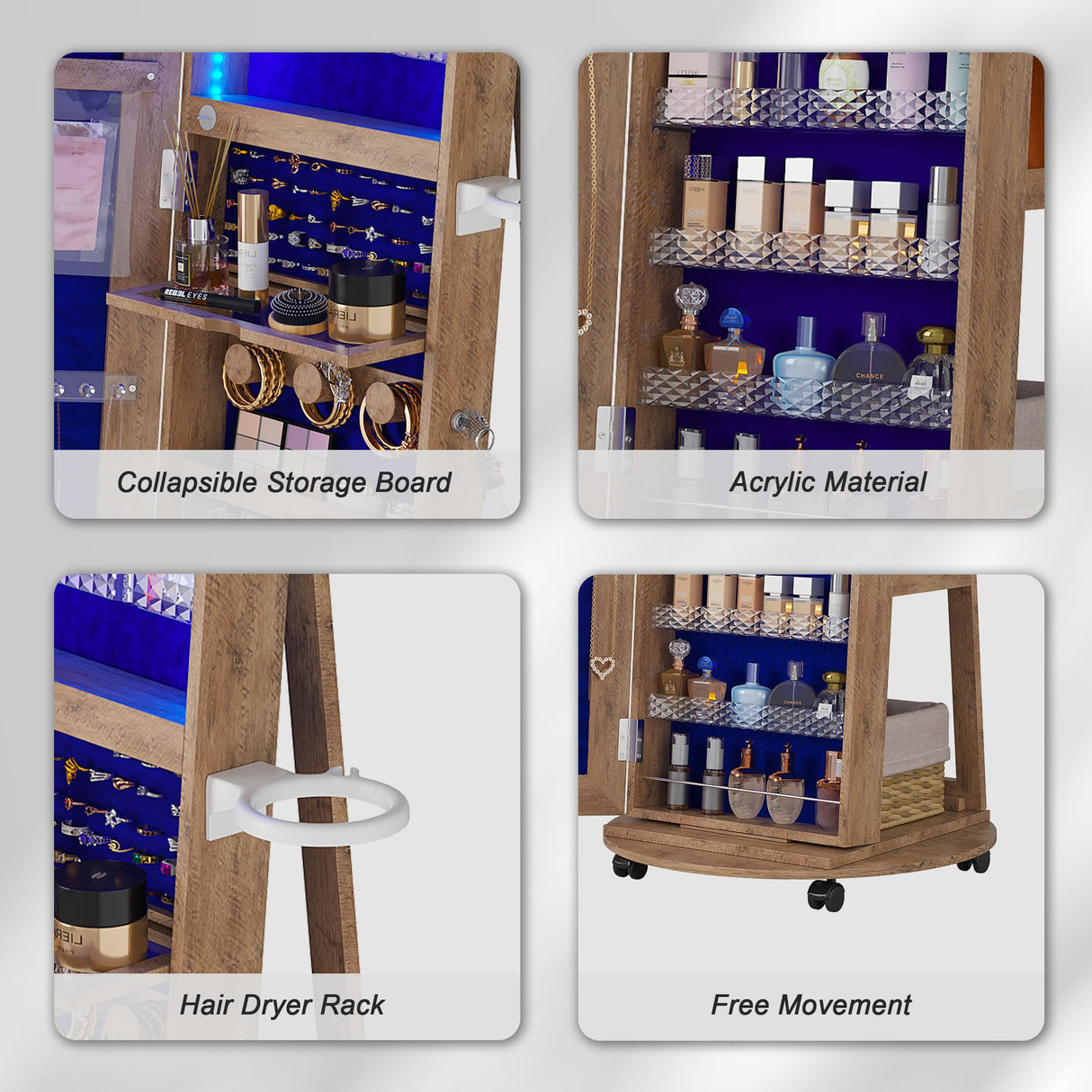 HNEBC 360° Swivel Jewelry Armoire with Mirror, LED Mirror Jewelry Cabinet Standing, Full Length Mirror with Jewelry Storage, Standing Jewelry Organizer/Lockable Wheels/Foldable Makeup Shelf (Wood) HNEBC