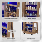 HNEBC 360° Swivel Jewelry Armoire with Mirror, LED Mirror Jewelry Cabinet Standing, Full Length Mirror with Jewelry Storage, Standing Jewelry Organizer/Lockable Wheels/Foldable Makeup Shelf (Wood) HNEBC