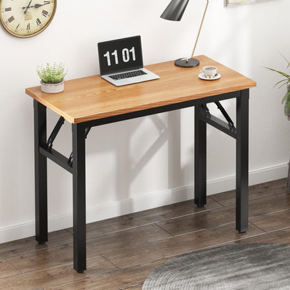 Need Small Computer Desk 31.5 inches Folding Table No Assembly Sturdy Small Writing Desk Folding Desk for Small Spaces, Teak Color Desktop and Black Steel Frame - WoodArtSupply