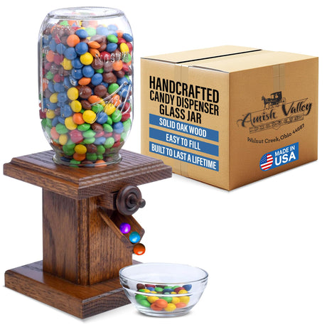 Handcrafted Amish Wooden Candy Dispenser Glass Jar Solid Oak Wood M&M's, Peanuts, Reese's Pieces, Skittles, Jelly Beans, Runts (Sorrel) AMISH VALLEY PRODUCTS