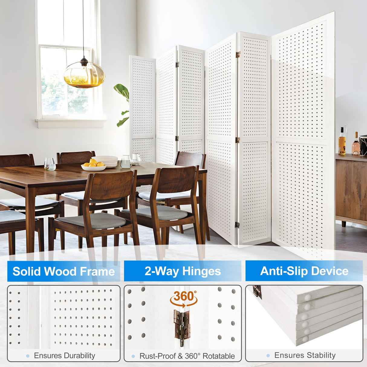 Grungis 6 Panel Room Divider with Pegboard Display 5.6FT Wood PegBoard Room Dividers, Folding Privacy Screens Portable Freestanding Partition Wall Divider for Art Shows & Room Separation, White Grungis