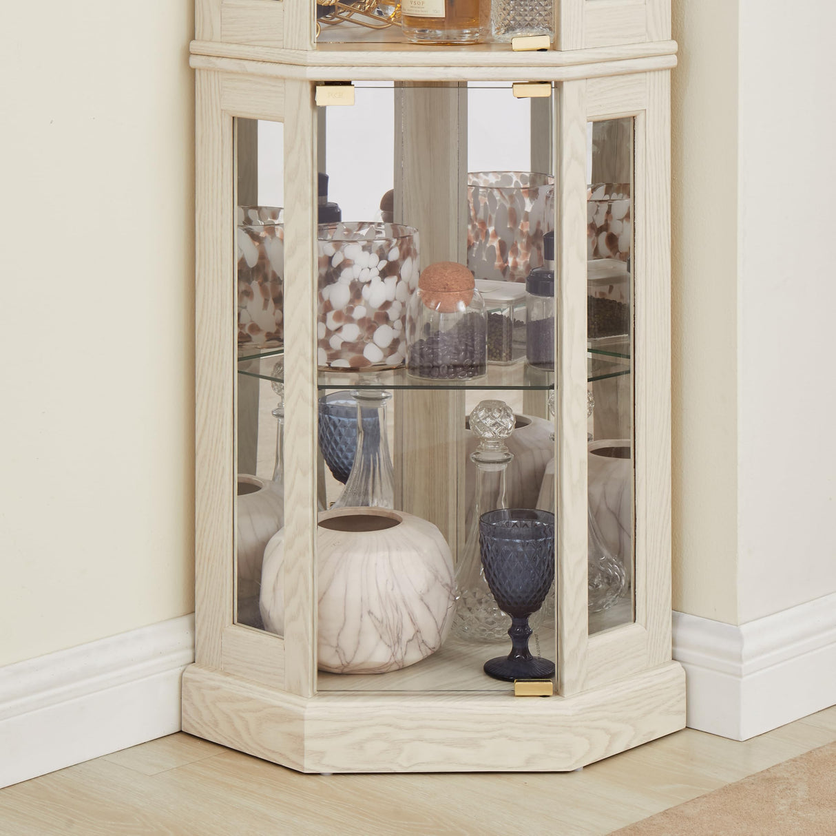 Brabrety Corner Glass Curio Cabinet Lighted Display Case with Adjustable Shelves,for Living Room,Antique Collection, Wine,Bar Glass Storage Light Included (Antique White#=) Brabrety