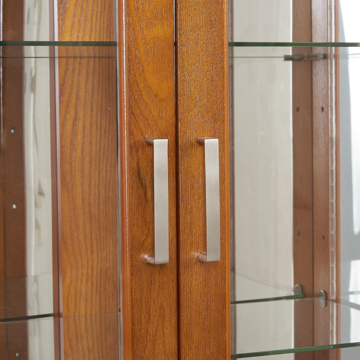 Mcltopz Lighted Curio Cabinet with Tempered Glass Doors, 6 Tiers Curio Diapaly Cabinet with Adjustable Shelves and Mirrored Back Panel, Floor Standing Glass Display Cabinet for Home No Bulb (Oak) Mcltopz