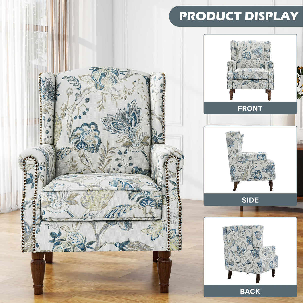 UIXE High Back Floral Accent Chairs Set of 2, Upholstered Armchair in Fabric, Retro Printed Wingback Arm Chair for Living Room, Nailhead Trim Single Sofa Bedroom Reading Seat - Plants Blue UIXE