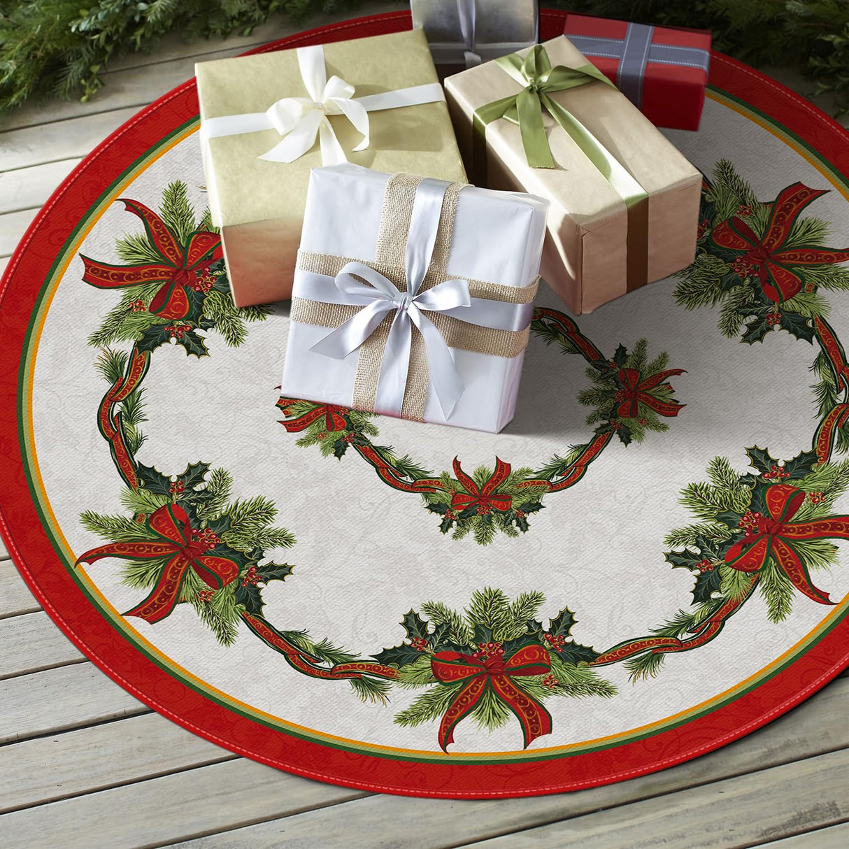 AVOIN colorlife Christmas Tree Skirt 48 Inch, Christmas Ribbon Holly Winter Holiday Tree Mat Decoration AVOIN colorlife