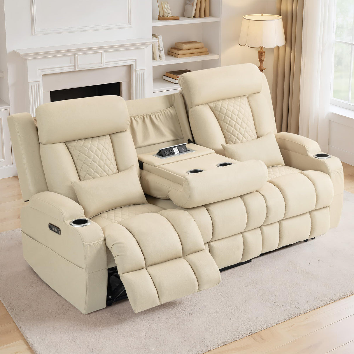 CALIVIA Wall Hugger Power Reclining Sofa with Manual Adjustable Headrests, Electric Recliner Couch with Drop-Down Table, Power Recliner Sofa 3-Seater with Charging Ports for Living Room (Beige) CALIVIA