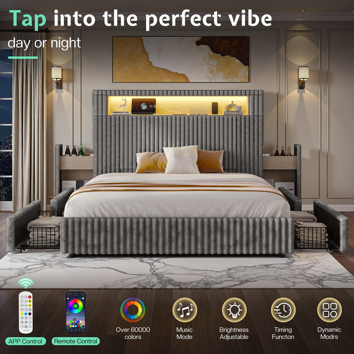 Jocisland King Size Storage Bed Frame with 51.2" Tall Upholstered Headboard, Built-in 6 Drawers & Bookcase, USB Ports & RGB LED Lights, No Box Spring Needed,Grey Jocisland