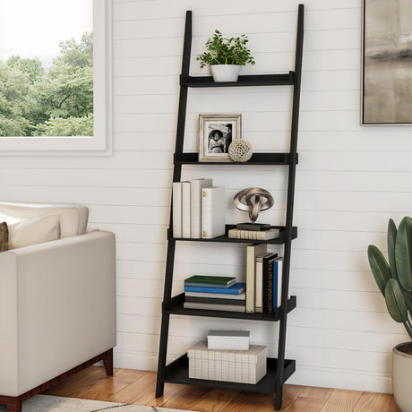 Lavish Home Bookshelf - 5-Tier Ladder Shelf with Leaning Look - Bookcase for Home Decor and Office Storage - Freestanding Book Shelves (Black) Lavish Home