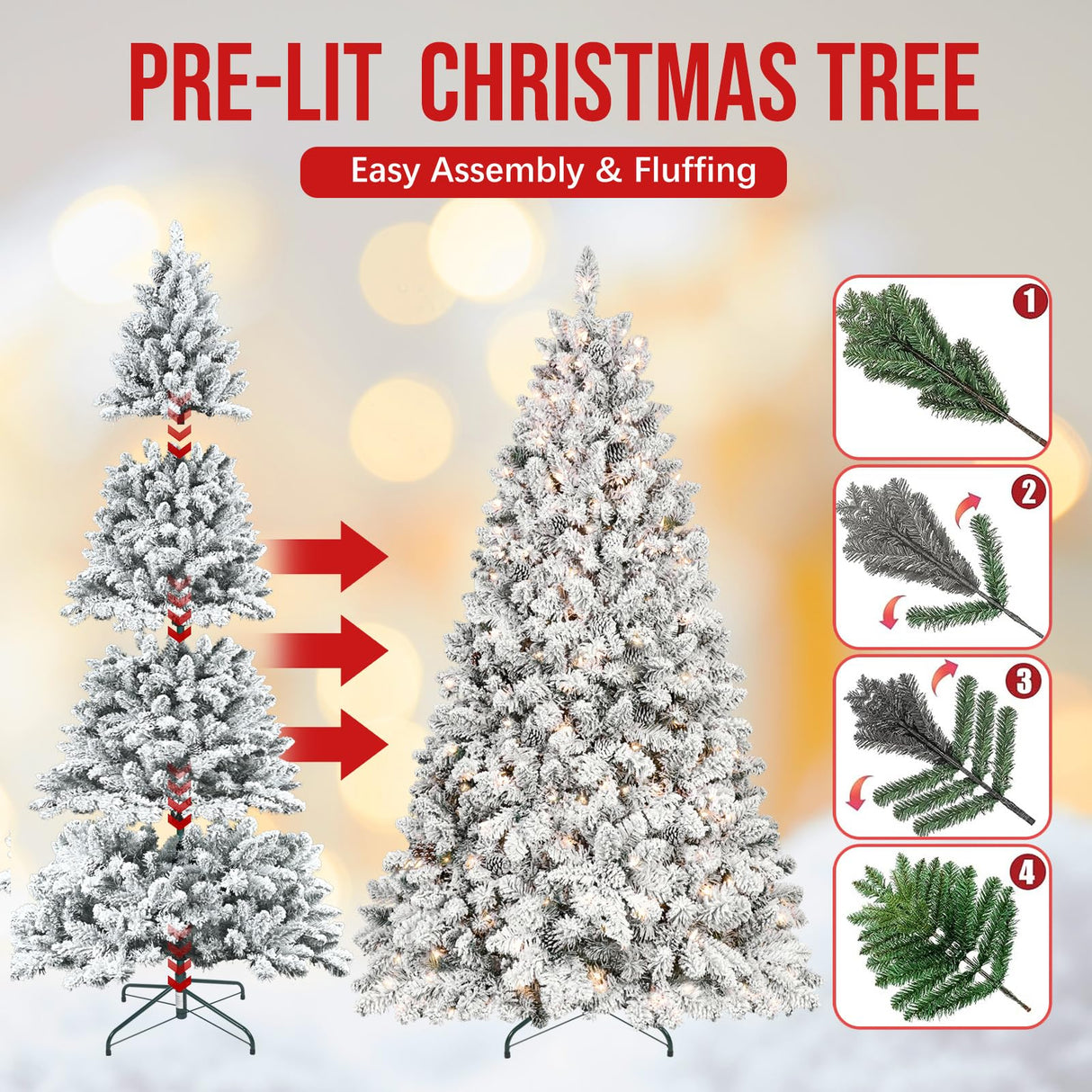 Maylaviu 8 ft Flocked Christmas Tree Prelit, Snow Frosted Artificial Christmas Tree with 700 UL Lights, Pine Cones & 1754 Tips, Auto Hinged Easy Setup Full Prelighted Large Christmas Tree Maylaviu