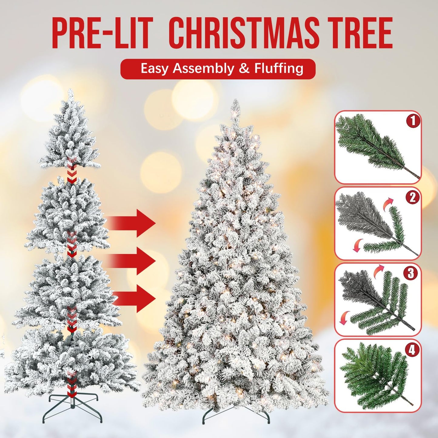 Maylaviu 8 ft Flocked Christmas Tree Prelit, Snow Frosted Artificial Christmas Tree with 700 UL Lights, Pine Cones & 1754 Tips, Auto Hinged Easy Setup Full Prelighted Large Christmas Tree