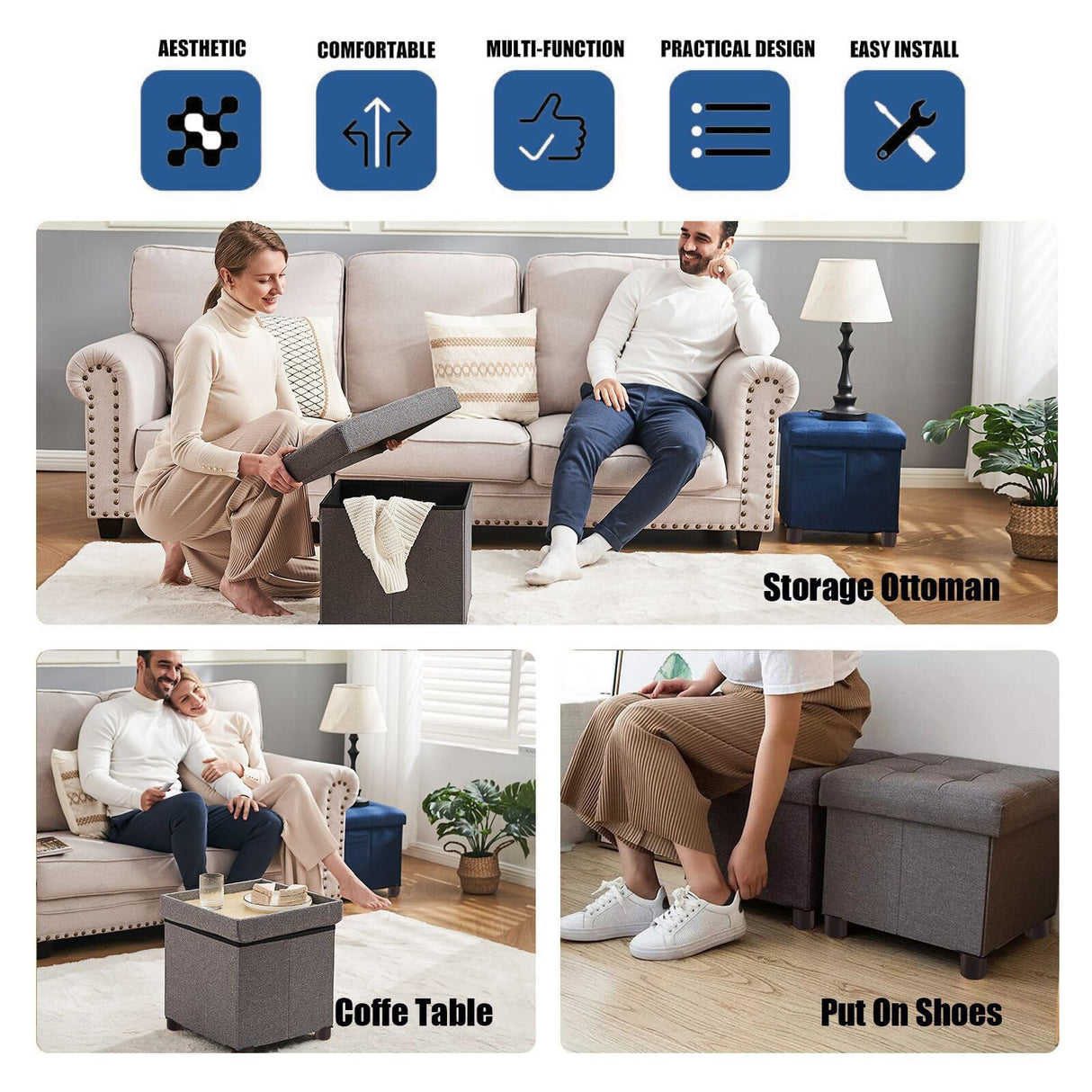 BRIAN & DANY Small Storage Ottoman Cube, Folding Ottoman with Storage, Foot Stool Seat with Wood Legs, for Living Room and Bedroom, 12.6"x12.6"x12.8" - Brown BRIAN & DANY