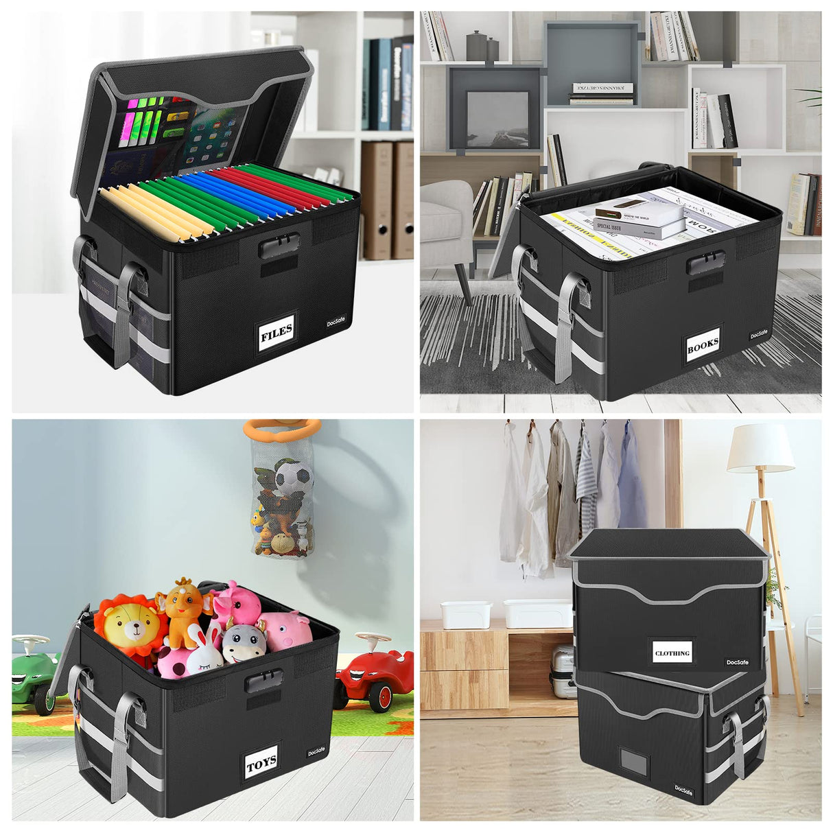 DocSafe File Box Fireproof Document Box with Lock,File Storage Organizer Box with Mesh Pockets,Collapsible Portable File Box Home Office File Cabinet with Handle for Hanging Letter/Legal Folder,Black DocSafe