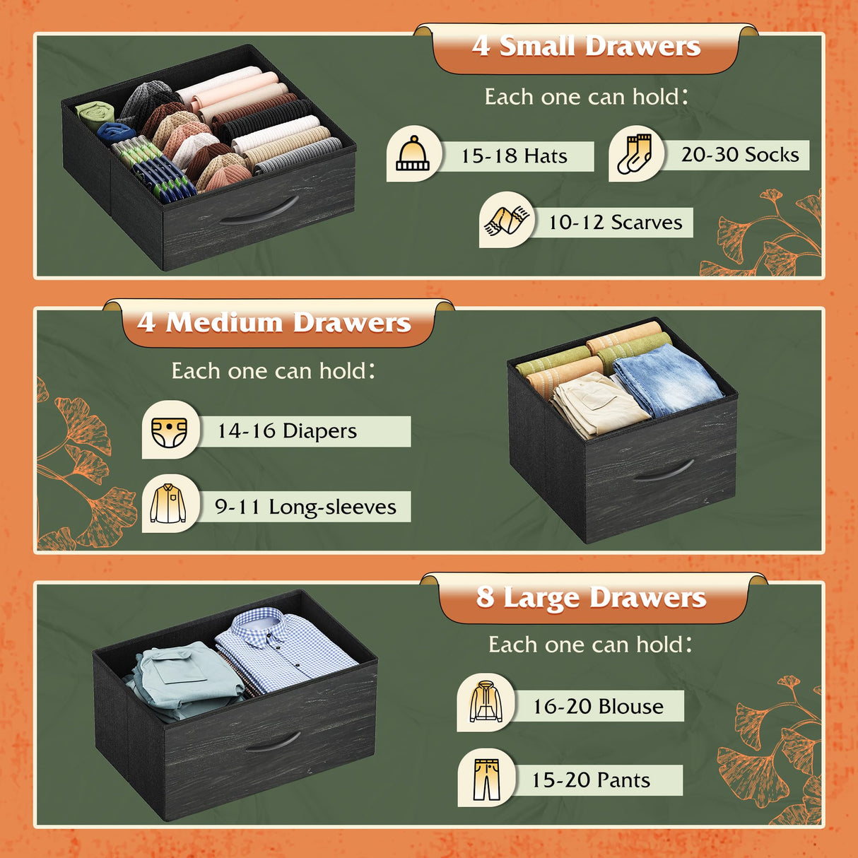 WLIVE 16 Drawers Dresser, Tall Dresser for Bedroom, Closet, Hallway, Storage Dresser Organizer unit, Large Dressers & Chests of Drawers with Fabric Bins, Charcoal Black Wood Grain Print WLIVE