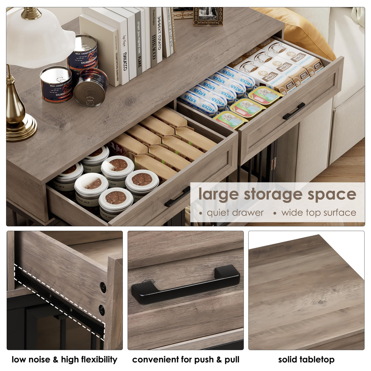 Dog Crate Furniture 47" Wooden Dog Kennels for Dogs Indoor with a Removable Divider for Large/Medium/Small Dogs, 2 Storage Drawers and Large Tabletop Dog Cages Double Doors Dog House, Rustic TTVIEW