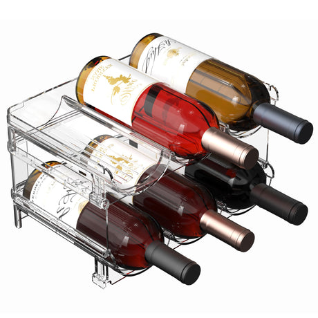 Plastic Stackable Wine Rack for Refrigerator, 2 Tier Large Capacity Water Bottle Organizer for Cabinet, Free-Standing Water Bottle Storage Rack for Fridge, Countertop, Pantry, Freezer, Hold 6 Bottles Noyhnuoch