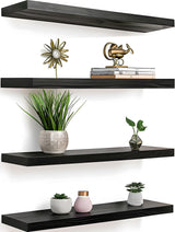 YFYEO Black Wood Floating Shelves for Wall Rustic Wall Shelf for Bedroom Living Room Set of 4 YFYEO