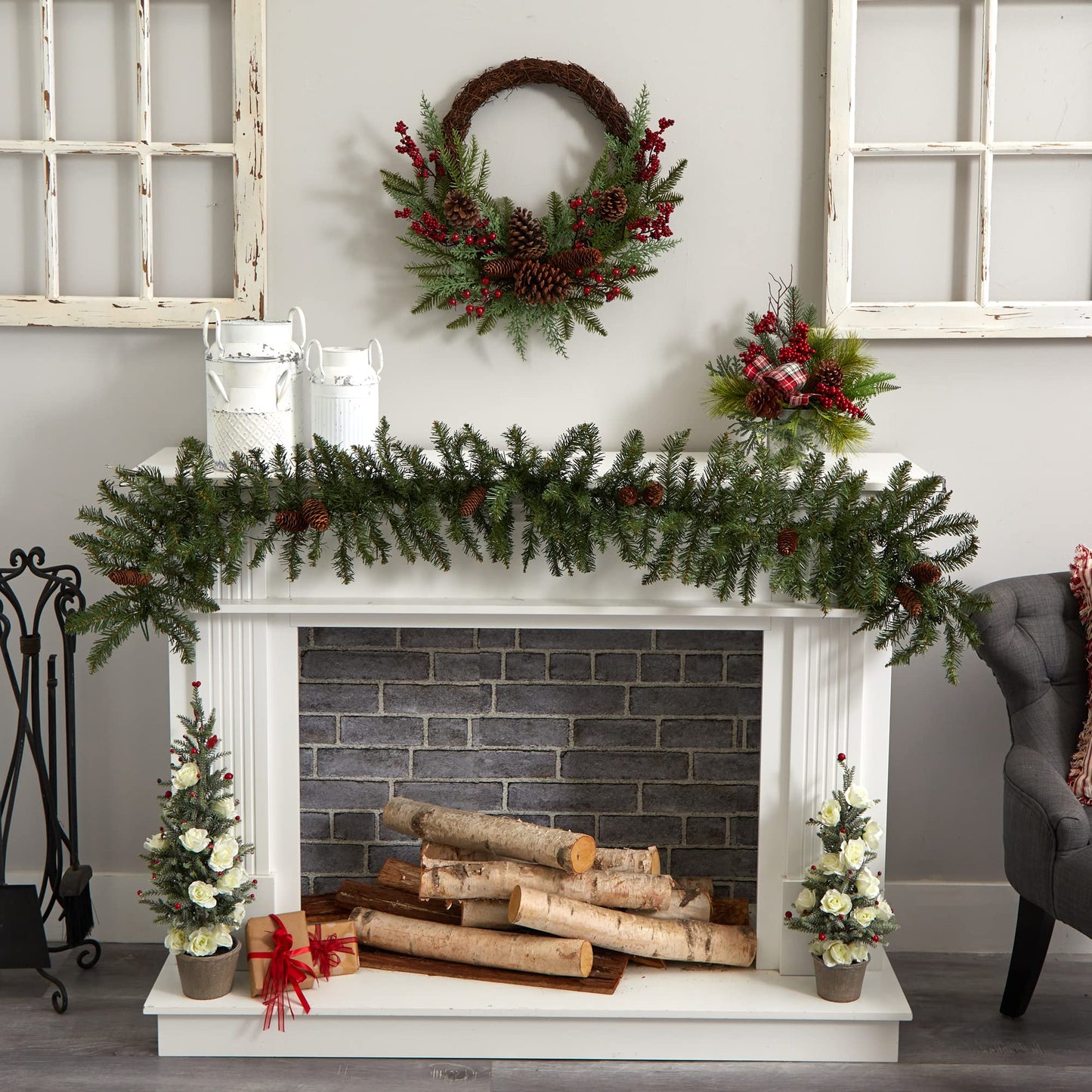 Nearly Natural 22in. Mixed Cedar with Berries and Pine Cones Artificial Wreaths, Green/Red , 3.5x22x22