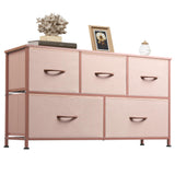 WLIVE Dresser for Bedroom with 5 Drawers, Wide Chest of Drawers, Fabric Dresser, Storage Organization Unit with Fabric Bins for Closet, Living Room, Hallway, Pink and Rose Gold WLIVE