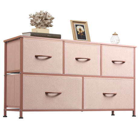 WLIVE Dresser for Bedroom with 5 Drawers, Wide Chest of Drawers, Fabric Dresser, Storage Organization Unit with Fabric Bins for Closet, Living Room, Hallway, Pink and Rose Gold WLIVE