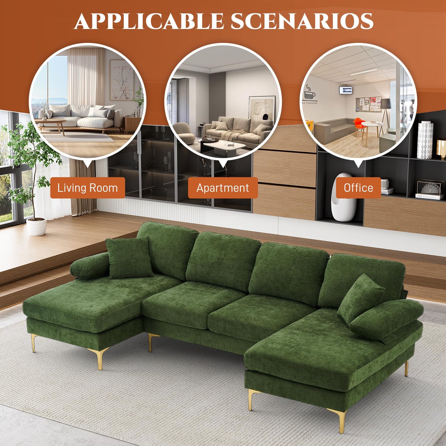 OUYESSIR U-Shaped Sectional Sofa Couch, 4 Seat Sofa Set for Living Room, 110.6" L-Shaped Chenille Sleeper Couch Set with Double Chaise Lounge (Green)