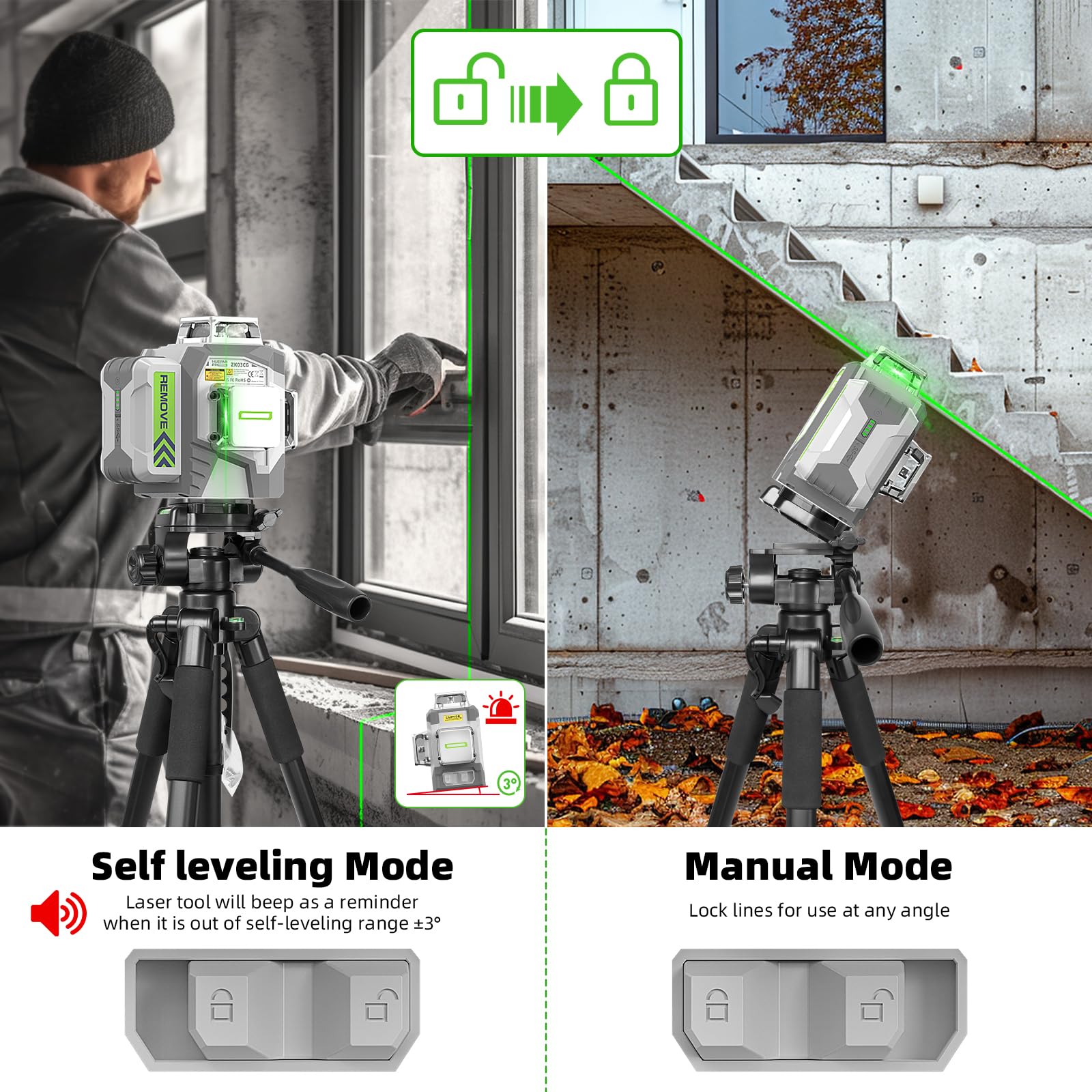 HueparPro Laser Level Self Leveling 3x360° 3D Green Cross Line Laser Level Tool for Construction and Picture Hanging, 8000mAh Rechargeable Battery, Remote Controller, Magnetic Stand & Hard Ca - WoodArtSupply