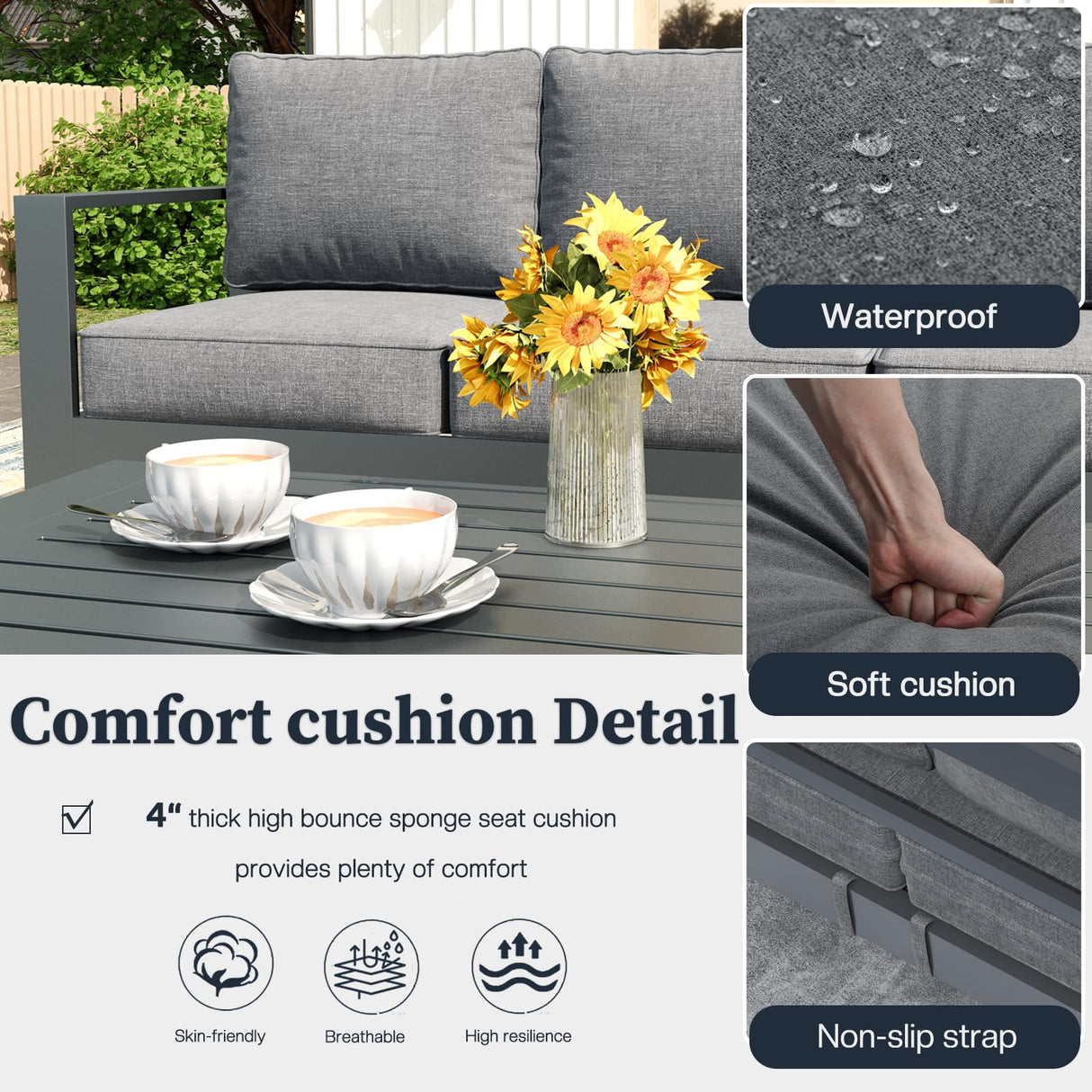 KHOLH 5 Piece Modern Aluminum Patio Furniture Set with Fire Pit Table, Outdoor Patio Sectional Conversation Metal Seating Sets with Olefin Cushion KHOLH