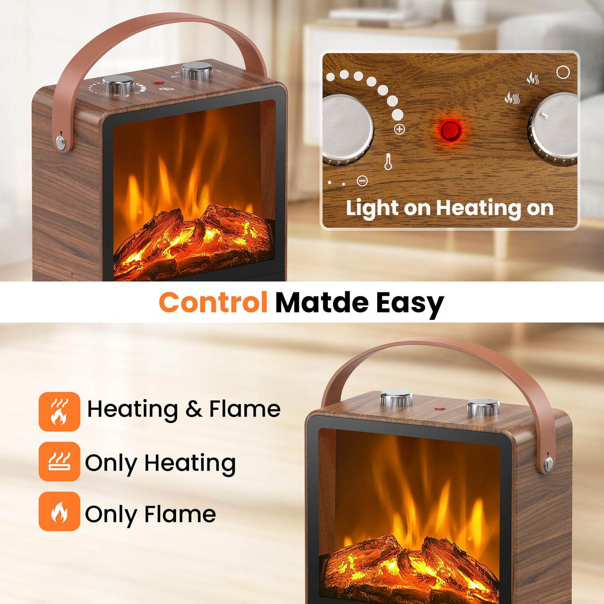 Riseon Electric Fireplace Heater for Indoor Use, 1500W/750W Space Heater Fireplace with 3D LED Flame, Double Safety Protection, Portable Fireplace Heater for Home Office Christmas Decoration,Walut Riseon