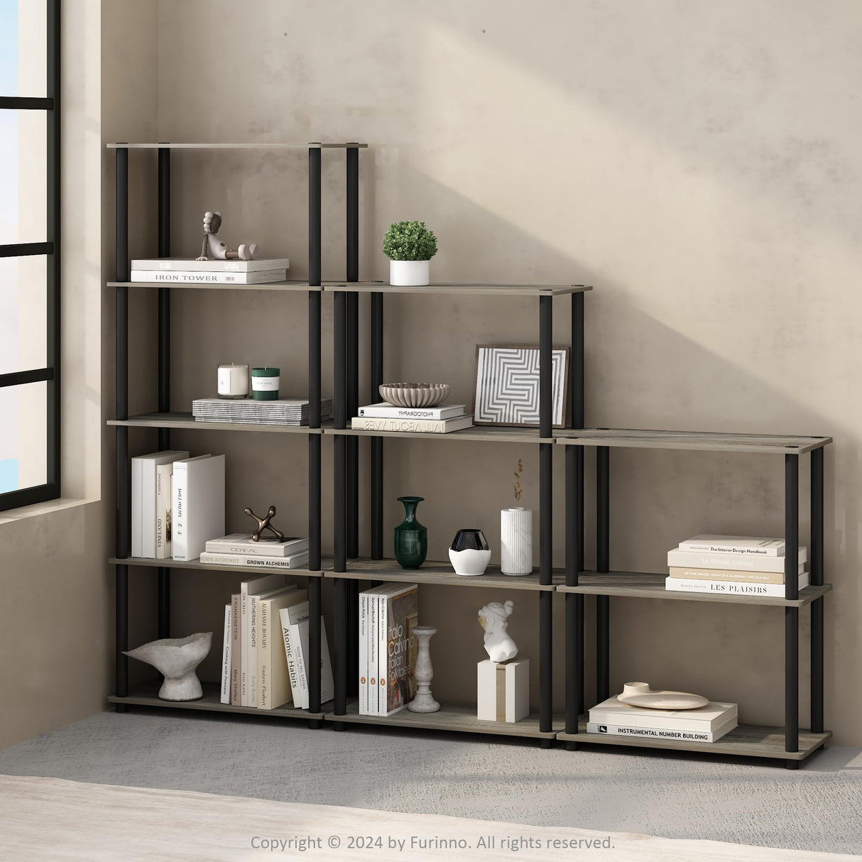 Furinno Turn-N-Tube 3-Tier Multipurpose Compact Bookcase, French Oak/Black Furinno